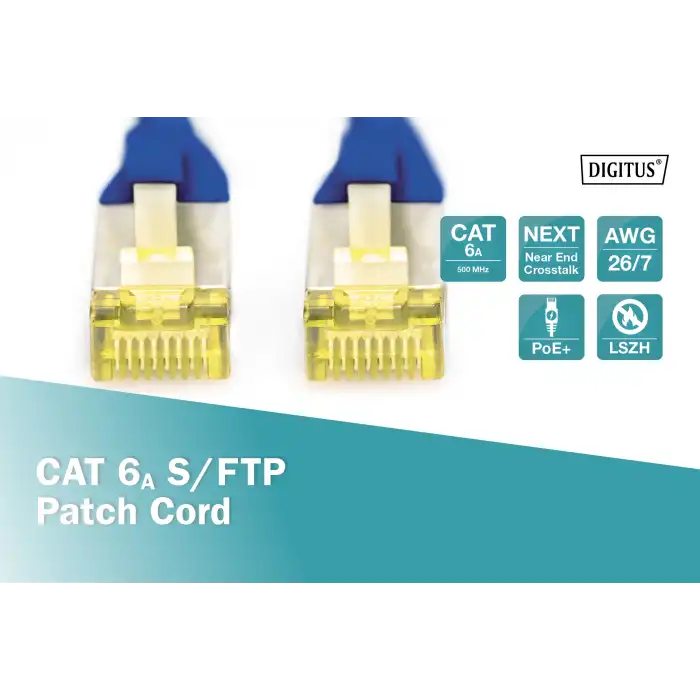 Digitus CAT 6A S/FTP 10GbE LSZH Patch Kablo - 0.5 Metre, Mavi