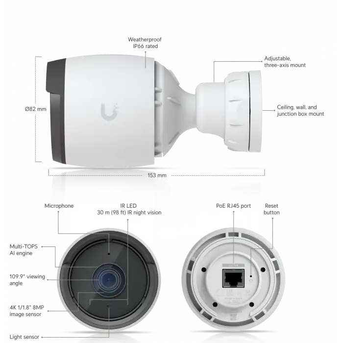 Ubiquiti UniFi Protect G6 Bullet - 4K (8MP) Yapay Zeka (AI) Güvenlik Kamerası (Beyaz)