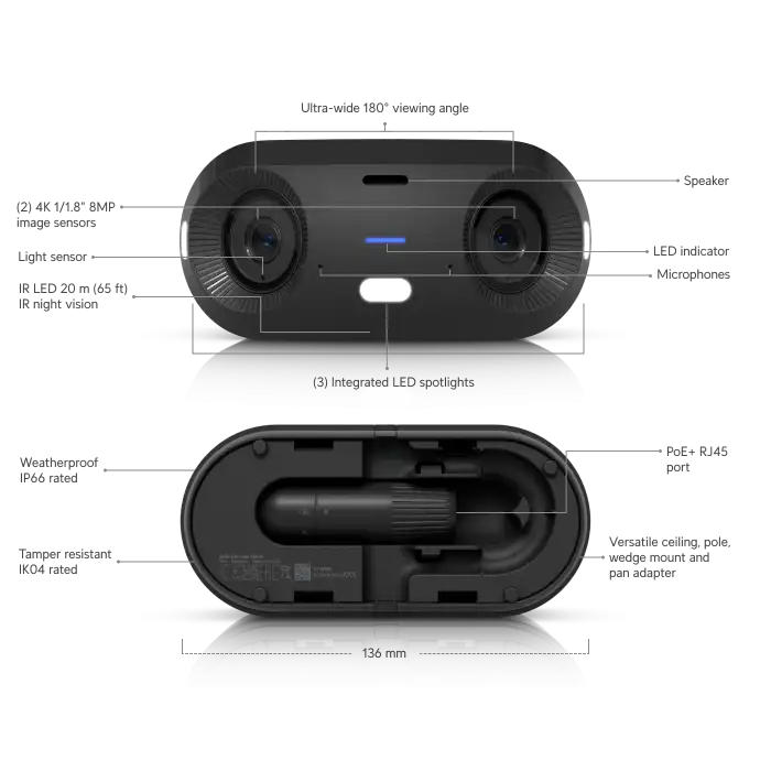 Ubiquiti UniFi Protect G6 180 Siyah | Çift 8MP Sensörlü 16MP 180° Panoramik Kamera