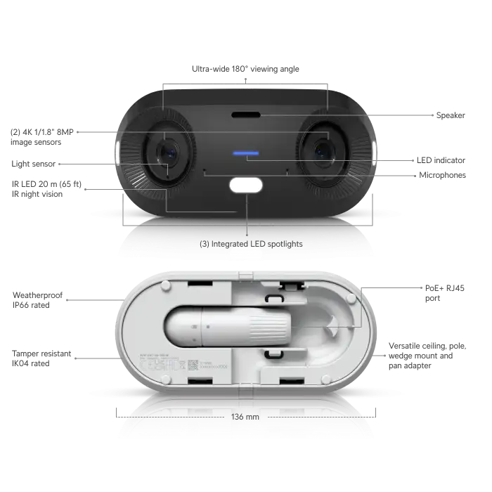 Ubiquiti UniFi Protect G6 180 Siyah | Çift 8MP Sensörlü 16MP 180° Panoramik Kamera