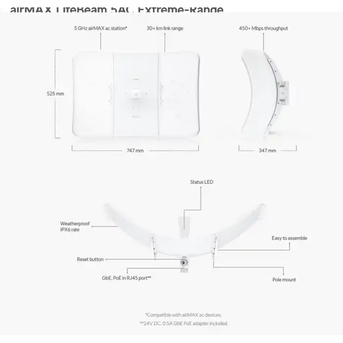 Ubiquiti LBE 5AC XR Extra Uzun Menzil 5 Ghz 30Km PtMP, PtP Outdoor Access Point