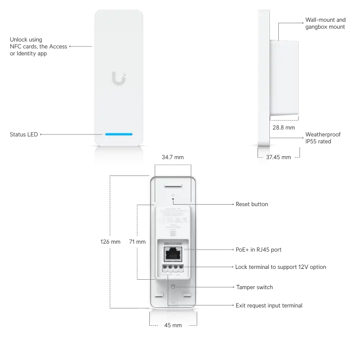 Ubiquiti UA Ultra | NFC Bluetooth Access Reader | UniFi Access Ultra, Bluetooth 4.2, IP55, PoE+