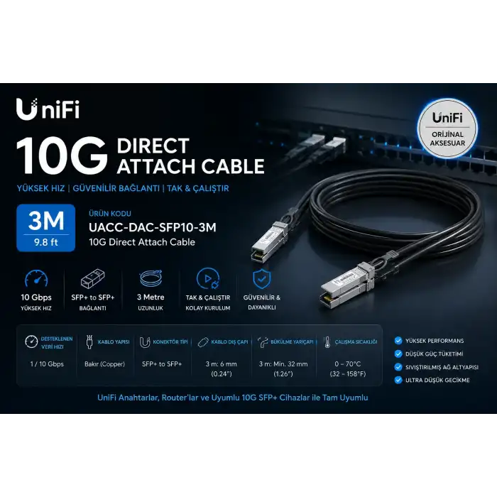Ubiquiti UniFi 10G SFP+ DAC Bağlantı Kablosu Siyah - 3 Metre UACC-DAC-SFP10-3M