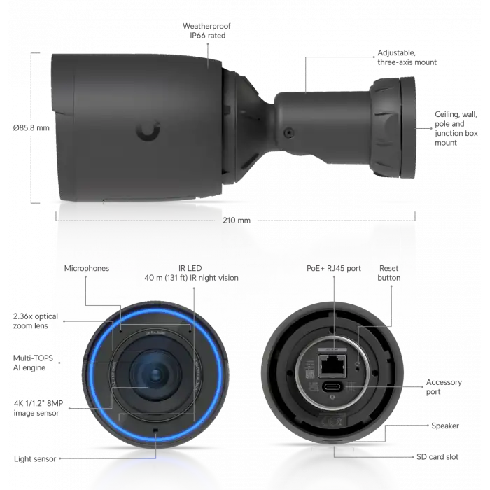 Ubiquiti UniFi Protect G6 Pro Bullet Kamera - 4K AI, 2.36x Optik Zoom (Siyah)