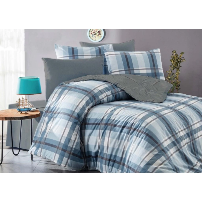 SEDEF HOME NEVRESİM TAKIMI ÇİFT KİŞİLİK LASTİKLİ ÇARŞAFLI 180X200-EKOSE MAVİ/GRİ