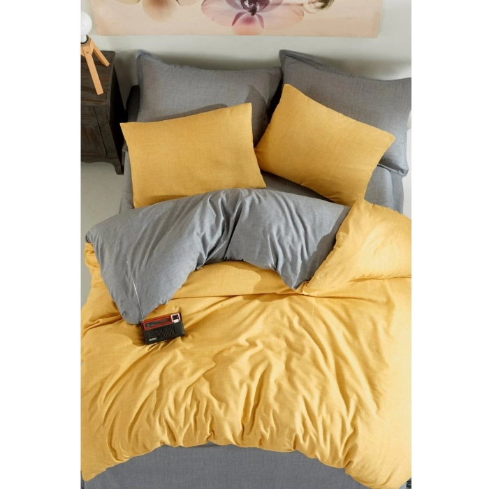 SEDEF HOME NEVRESİM TAKIMI ÇİFT KİŞİLİK DÜZ ÇARŞAFLI-SARI/GRİ