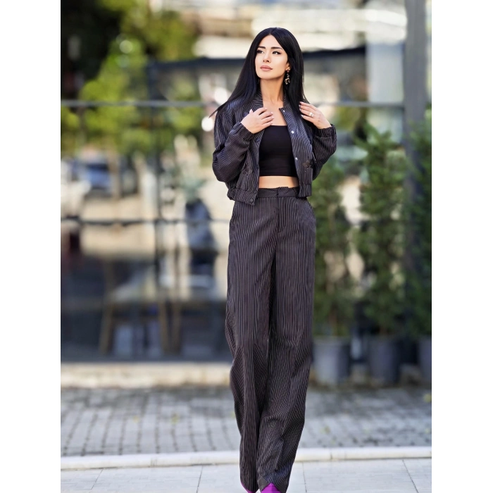 ÇİZGİLİ İŞLEMELİ BOMBER CEKETLİ TAKIM