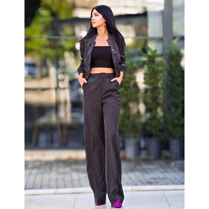 ÇİZGİLİ İŞLEMELİ BOMBER CEKETLİ TAKIM