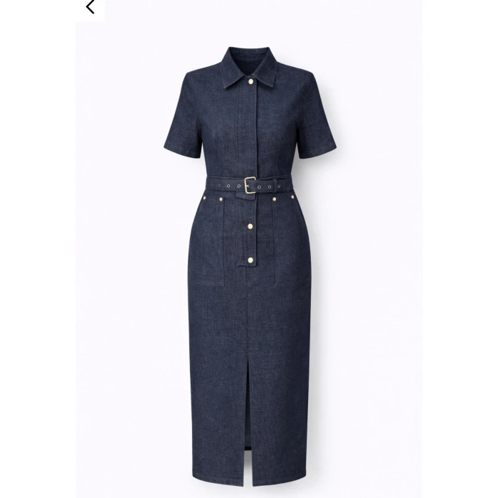 KEMERLİ TASARIM UZUN DENİM ELBİSE