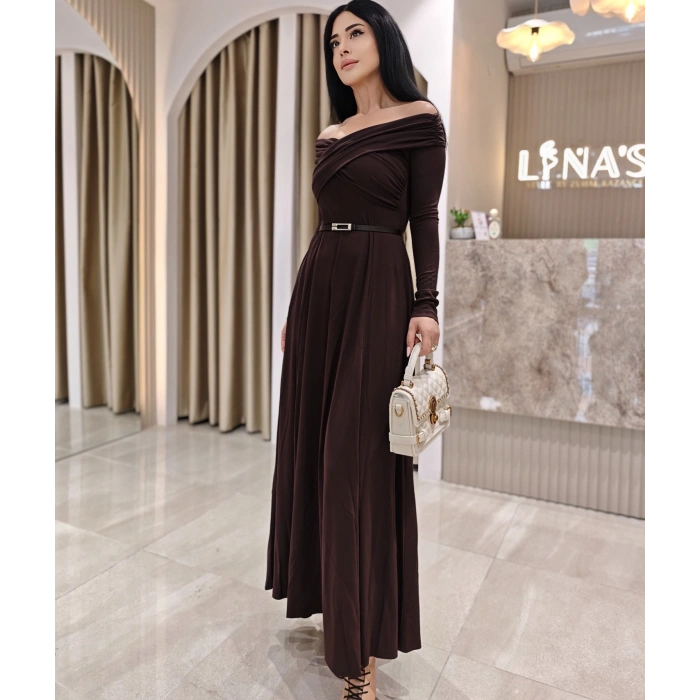 KEMERLİ KAYIK YAKA ELBİSE LFN