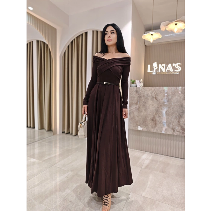 KEMERLİ KAYIK YAKA ELBİSE LFN