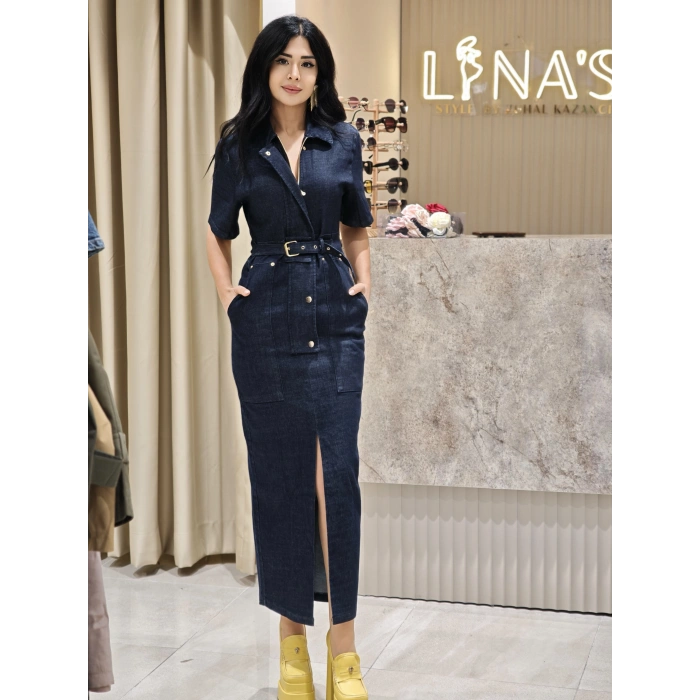 KEMERLİ TASARIM UZUN DENİM ELBİSE