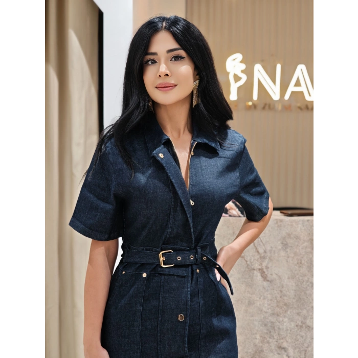 KEMERLİ TASARIM UZUN DENİM ELBİSE