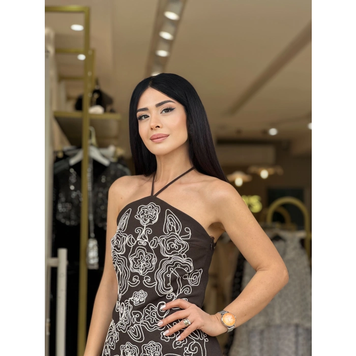 KAHVE İŞLEME DETAY MİNİ ELBİSE