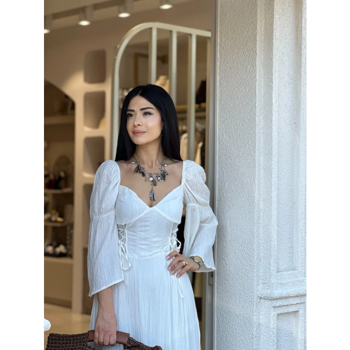 EKRU VOLAN KOL BEL DETAY ELBİSE