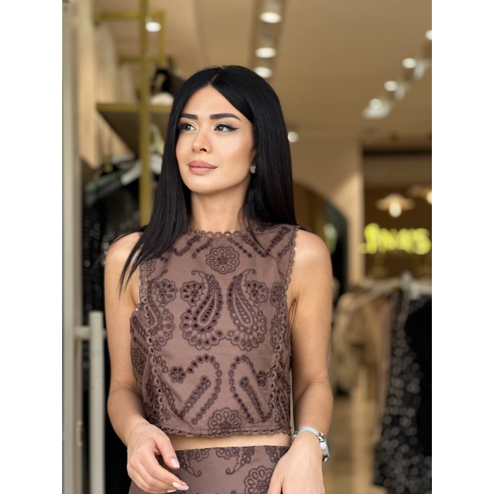KAHVE FİSTO ETEK BÜSTİYER TAKIM İTHAL KUMAŞ