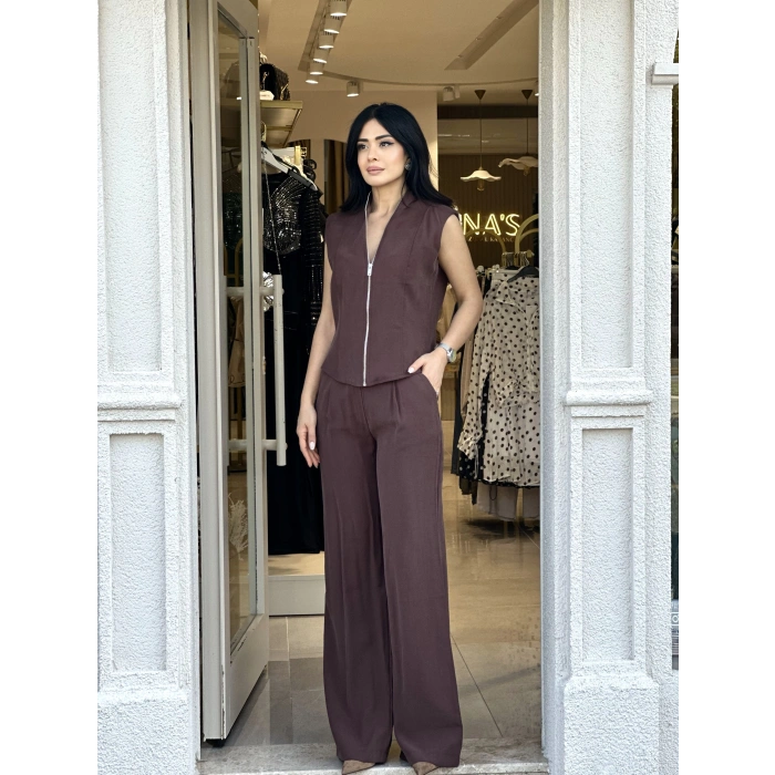 KAHVE FERMUARLI YELEKLİ TAKIM
