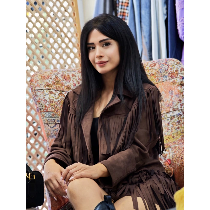 ACI KAHVE PÜSKÜLLÜ BASKISIZ CEKET