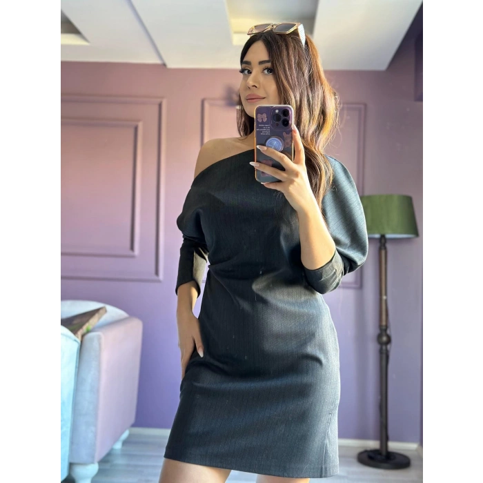 ANTRASİT BALON KOL ELBİSE