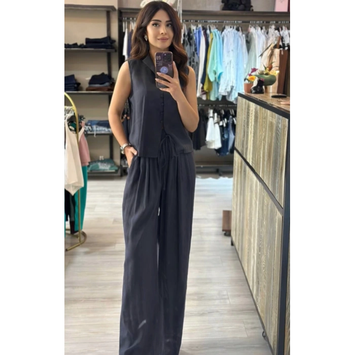 ANTRASİT DÜĞMELİ YELEKLİ TAKIM