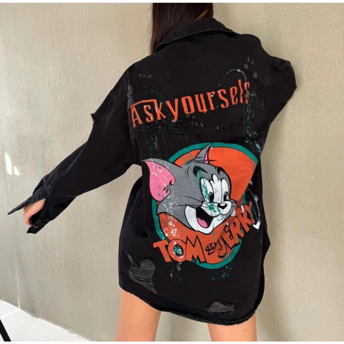 ARKA BASKILI SİYAH JEAN CEKET