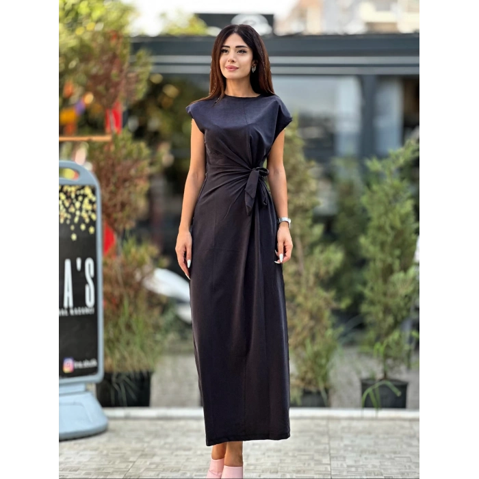 BAĞLAMA DETAY TENSEL KUMAŞ ELBİSE