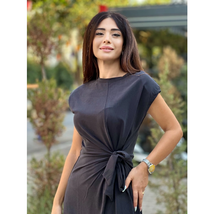 BAĞLAMA DETAY TENSEL KUMAŞ ELBİSE