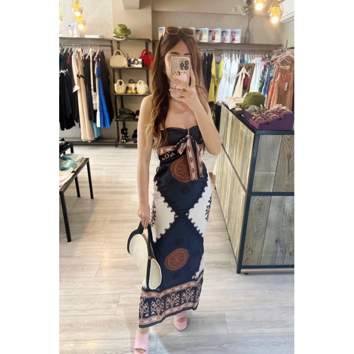 BASKILI STRAPLEZ ELBİSE RENKLİ