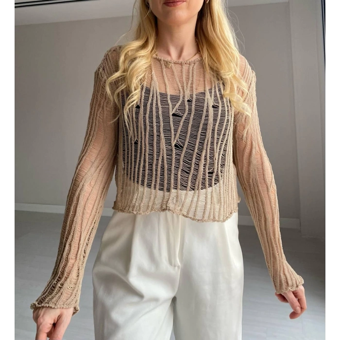 BEJ AJURLU TRİKO BLUZ