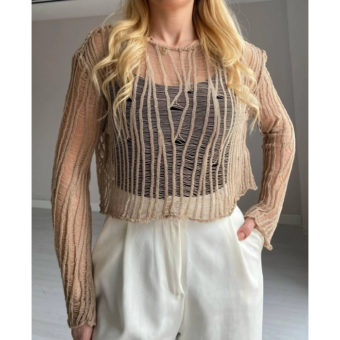 BEJ AJURLU TRİKO BLUZ