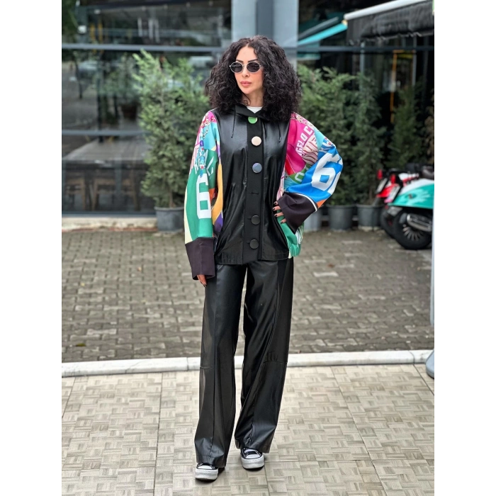 BELİ LASTİKLİ BOL PAÇA DERİ PANTOLON