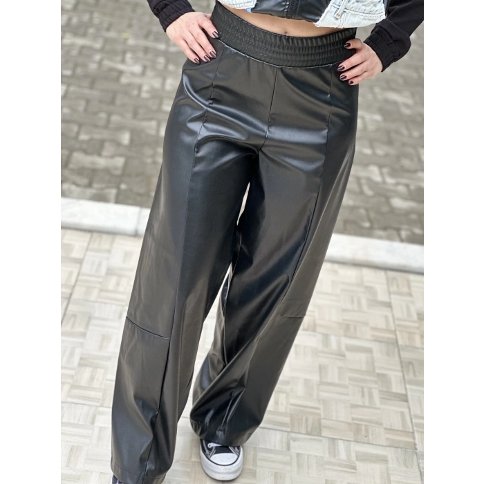 BELİ LASTİKLİ BOL PAÇA DERİ PANTOLON