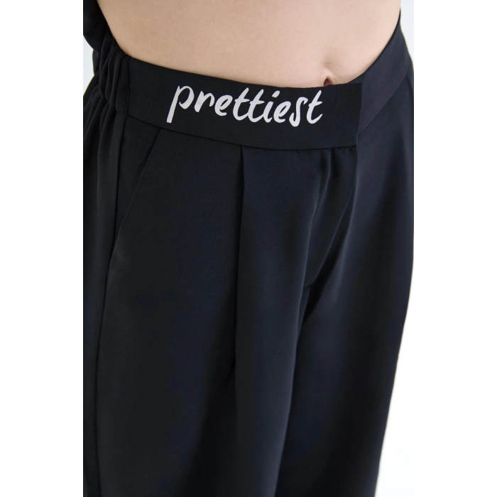 Beli Yazı Baskılı Bol Paça Pantolon Siyah