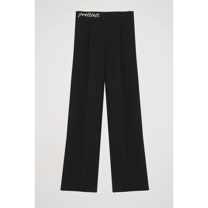 Beli Yazı Baskılı Bol Paça Pantolon Siyah