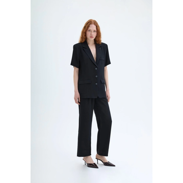 Beli Yazı Baskılı Bol Paça Pantolon Siyah