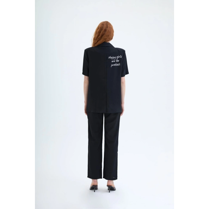 Beli Yazı Baskılı Bol Paça Pantolon Siyah