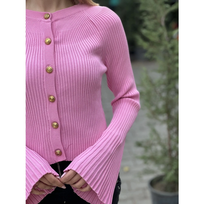 BİSİKLET YAKA DÜĞMELİ İSPANYOL KOL TRİKO PEMBE