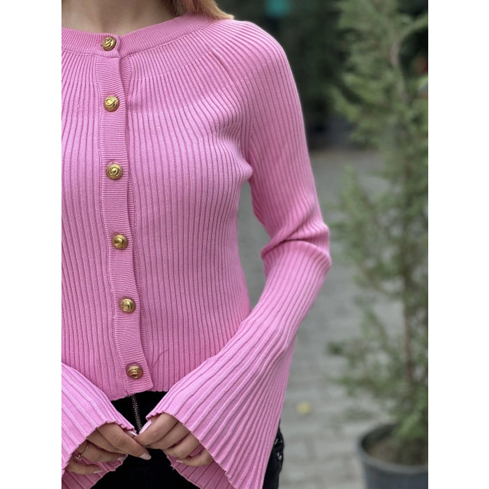 BİSİKLET YAKA DÜĞMELİ İSPANYOL KOL TRİKO PEMBE