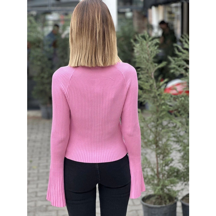 BİSİKLET YAKA DÜĞMELİ İSPANYOL KOL TRİKO PEMBE