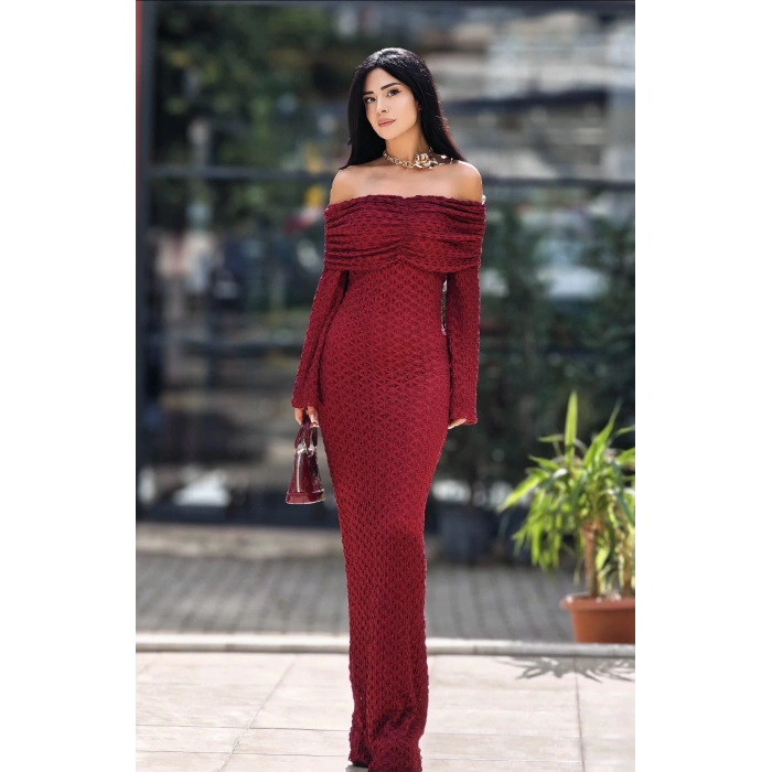 BORDO TÜL DETAY ELBİSE