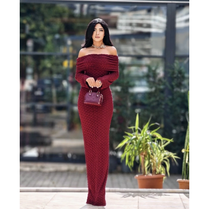 BORDO TÜL DETAY ELBİSE