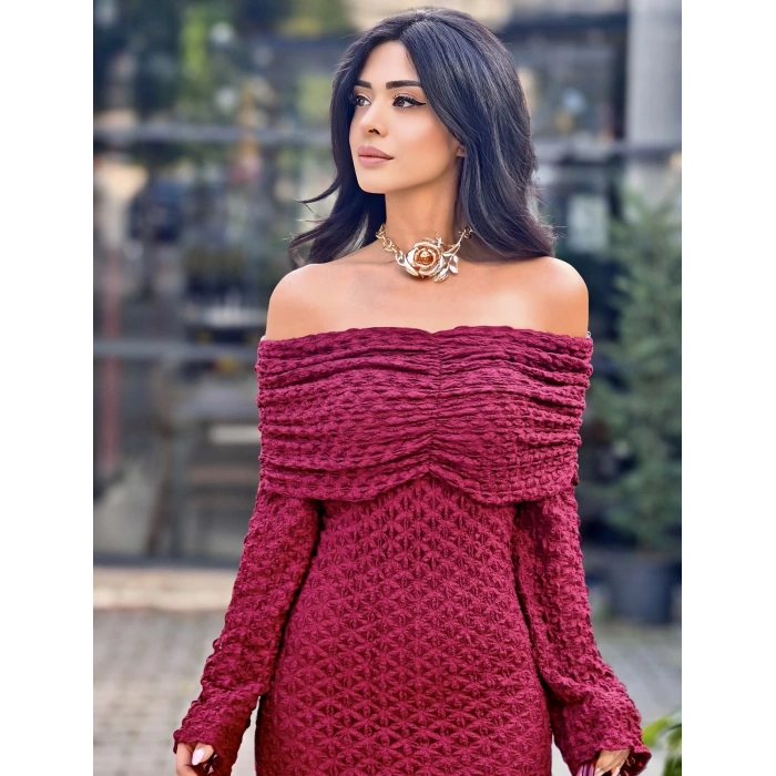 BORDO TÜL DETAY ELBİSE