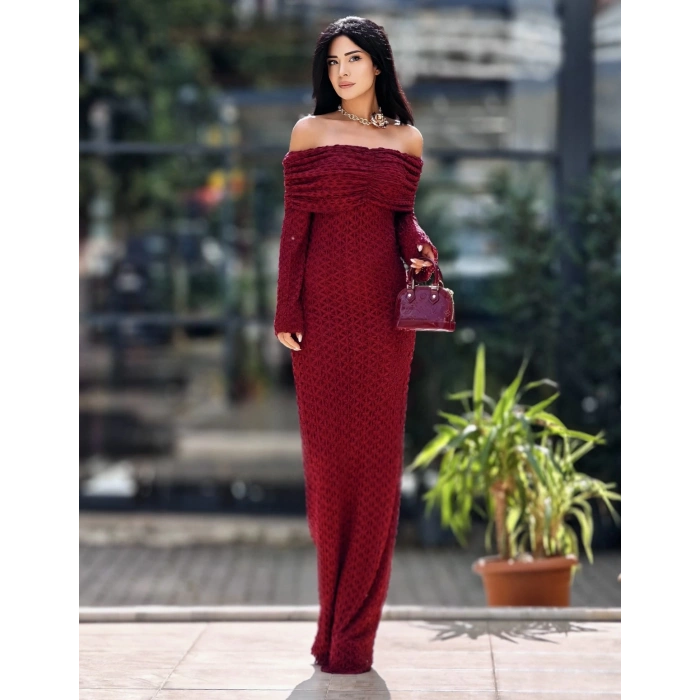 BORDO TÜL DETAY ELBİSE