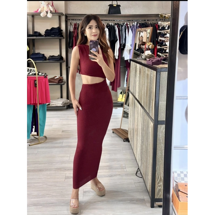 BÜRÜMCÜK DOKULU BEL DEKOLTELİ ELBİSE