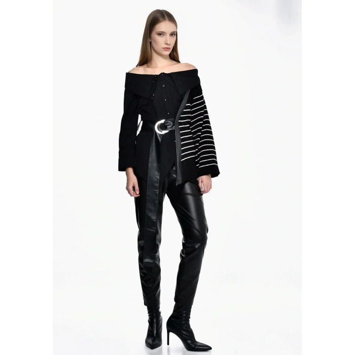 ÇİZGİLİ DERİ KEMERLİ TASARIM TRİKOLU GÖMLEK