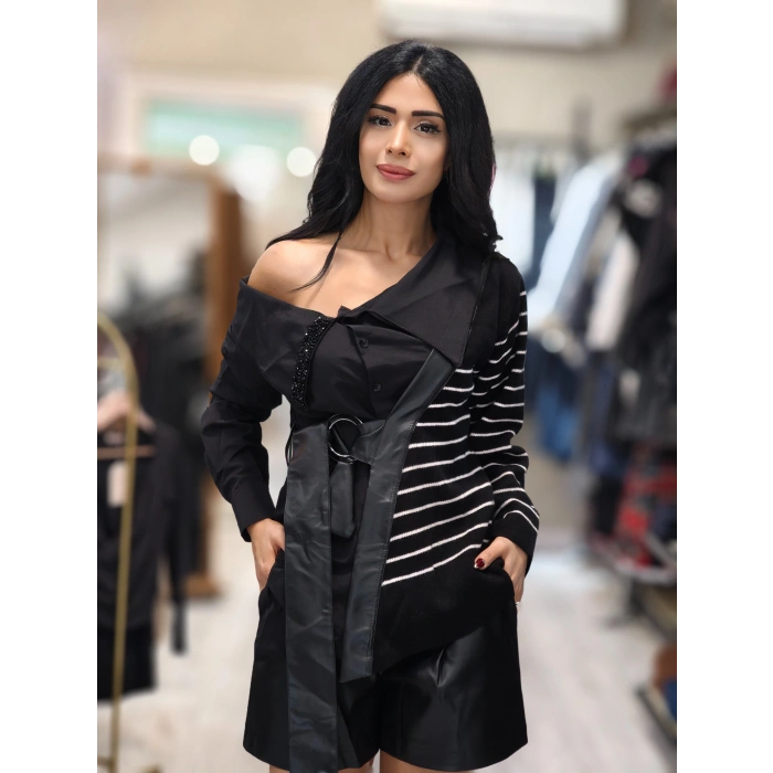 ÇİZGİLİ DERİ KEMERLİ TASARIM TRİKOLU GÖMLEK