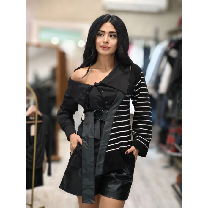 ÇİZGİLİ DERİ KEMERLİ TASARIM TRİKOLU GÖMLEK