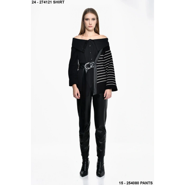 ÇİZGİLİ DERİ KEMERLİ TASARIM TRİKOLU GÖMLEK