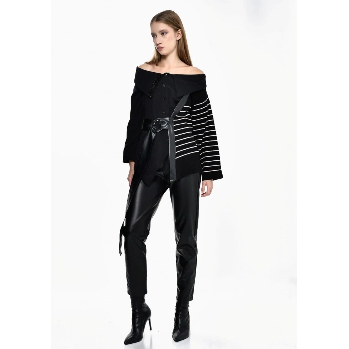 ÇİZGİLİ DERİ KEMERLİ TASARIM TRİKOLU GÖMLEK