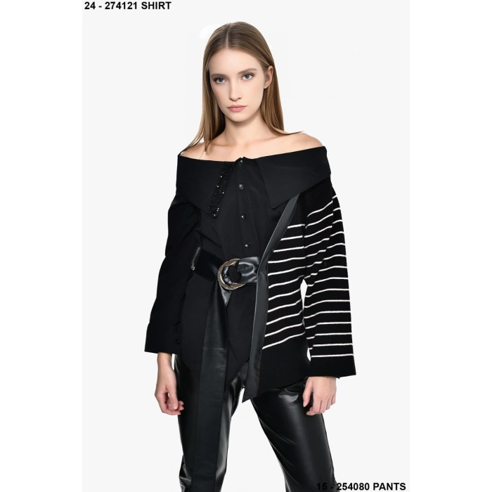 ÇİZGİLİ DERİ KEMERLİ TASARIM TRİKOLU GÖMLEK